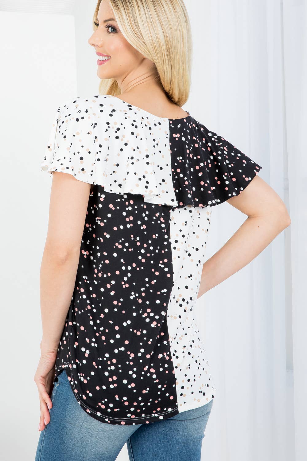 Women Multi Color Contrast Ruffle Short Sleeve Top