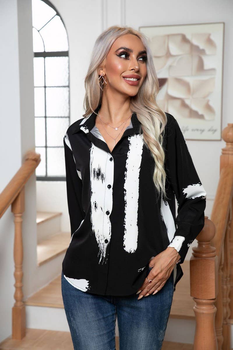 CWTBLL0695_Button Down Casual Long Sleeve Print Top