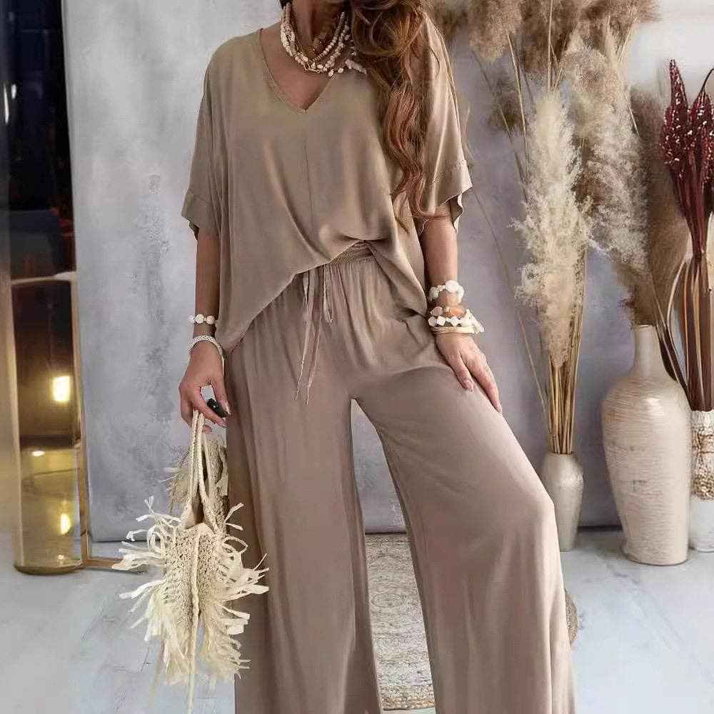 V-Neck Batwing Sleeve Wide Leg Pants Set For Women
