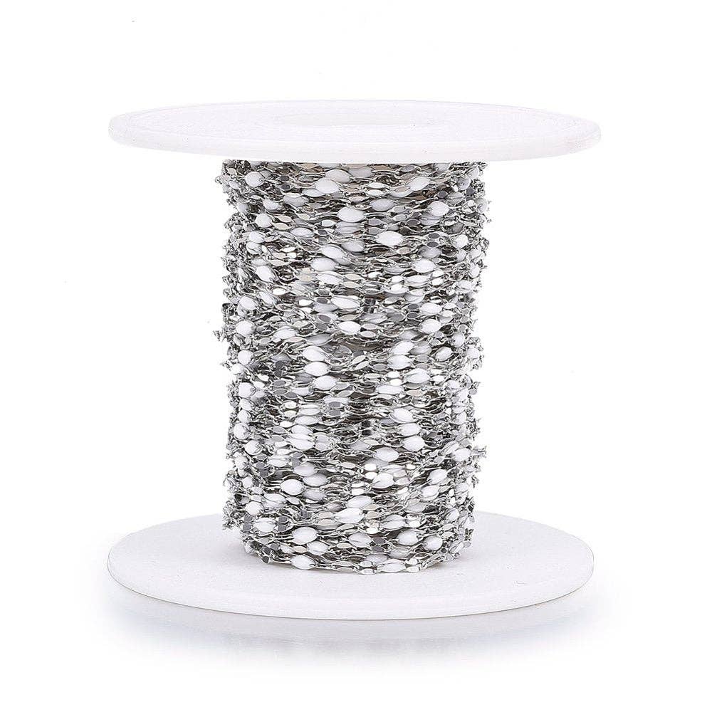 White Enamel Dapped Silver Chain By the Foot - Stainless Steel