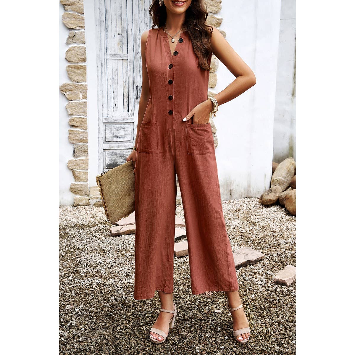 Pockets Button Tirm Wide Leg Sleeveless Jumpsuit