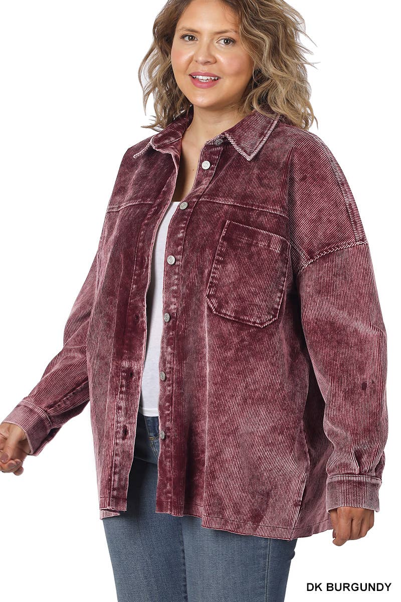 Plus Premium Vintage Washed Corduroy Shacket - Eggplant