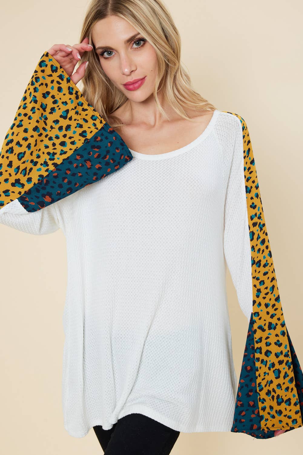 Bell sleeve top with color contrast leopard print