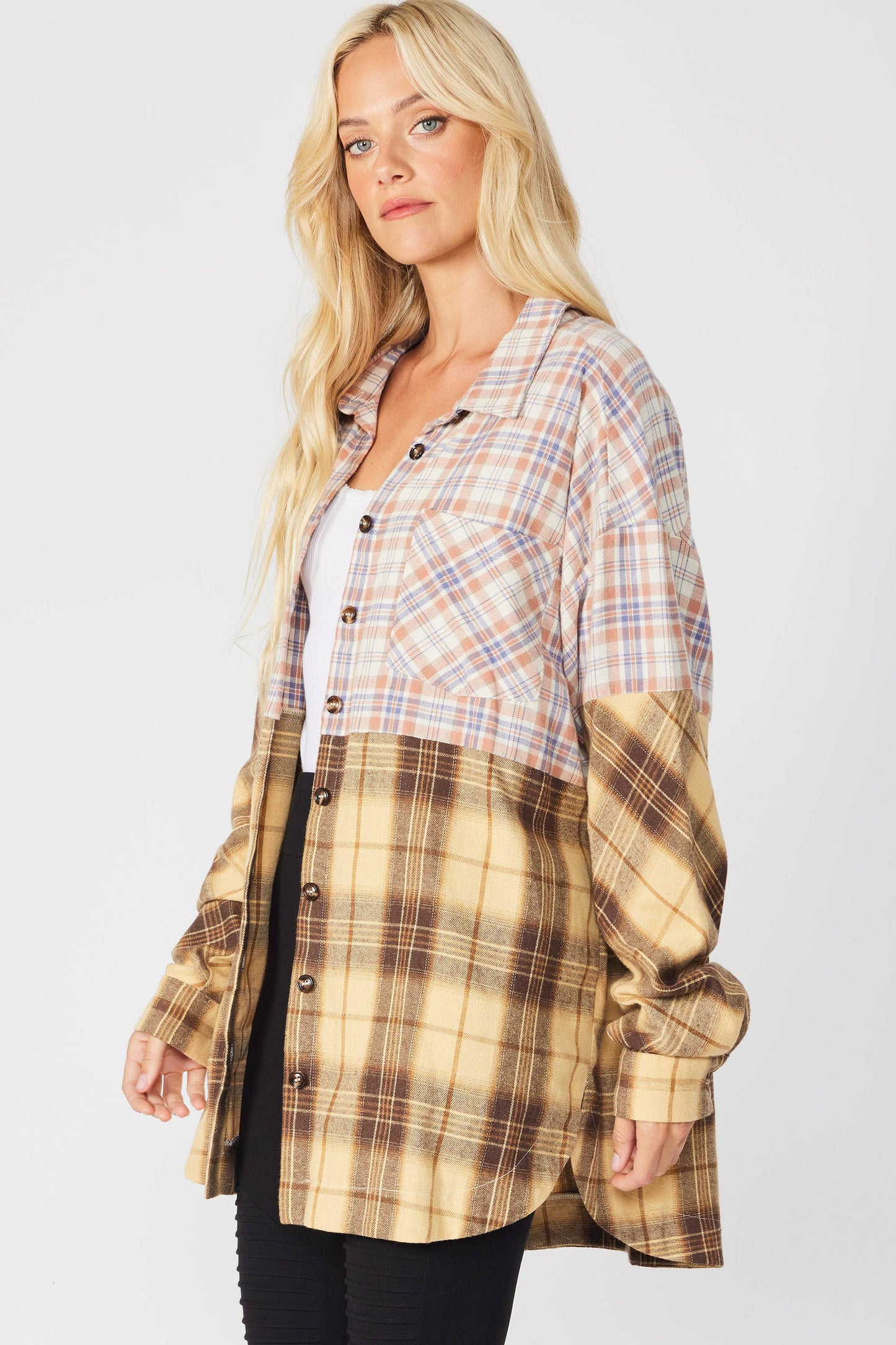 MIXED PLAID BUTTON DOWN OVERSIZED SHIRT