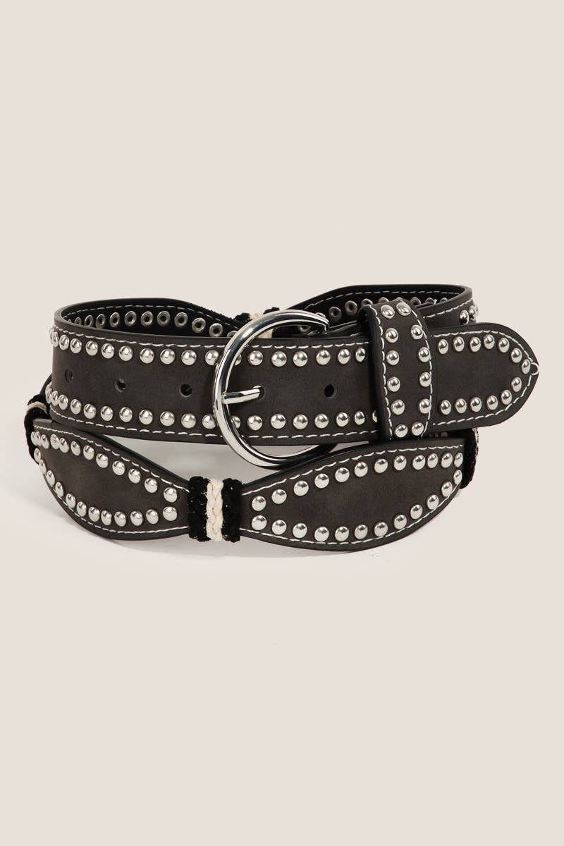 Studded Western Trim Faux Leather Wavy Belt