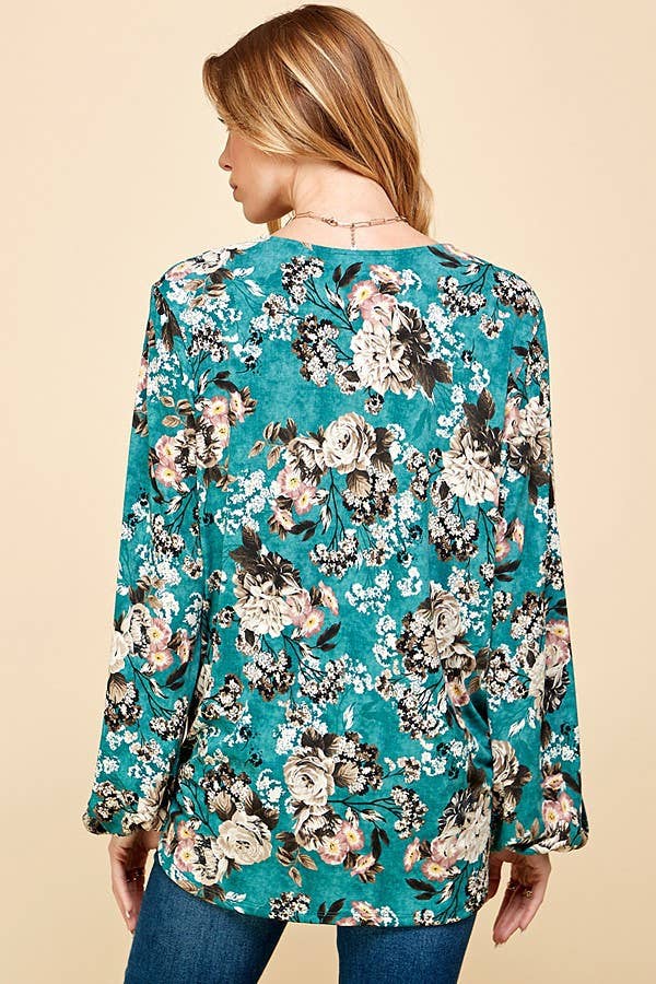Women Floral Criss Cross Cuffed Open Sleeve Top