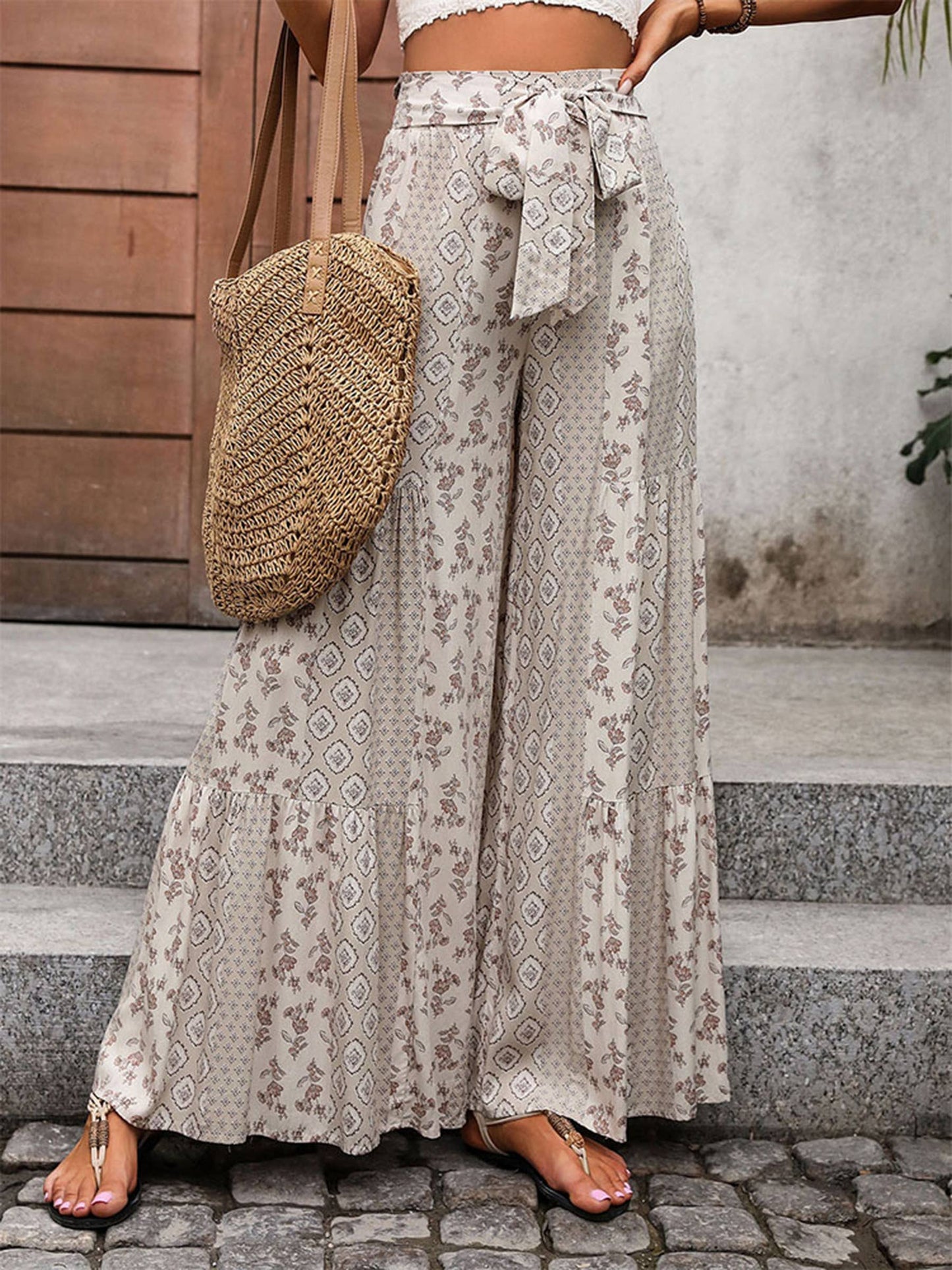 High Waisted Lace Up Wide Leg Pants