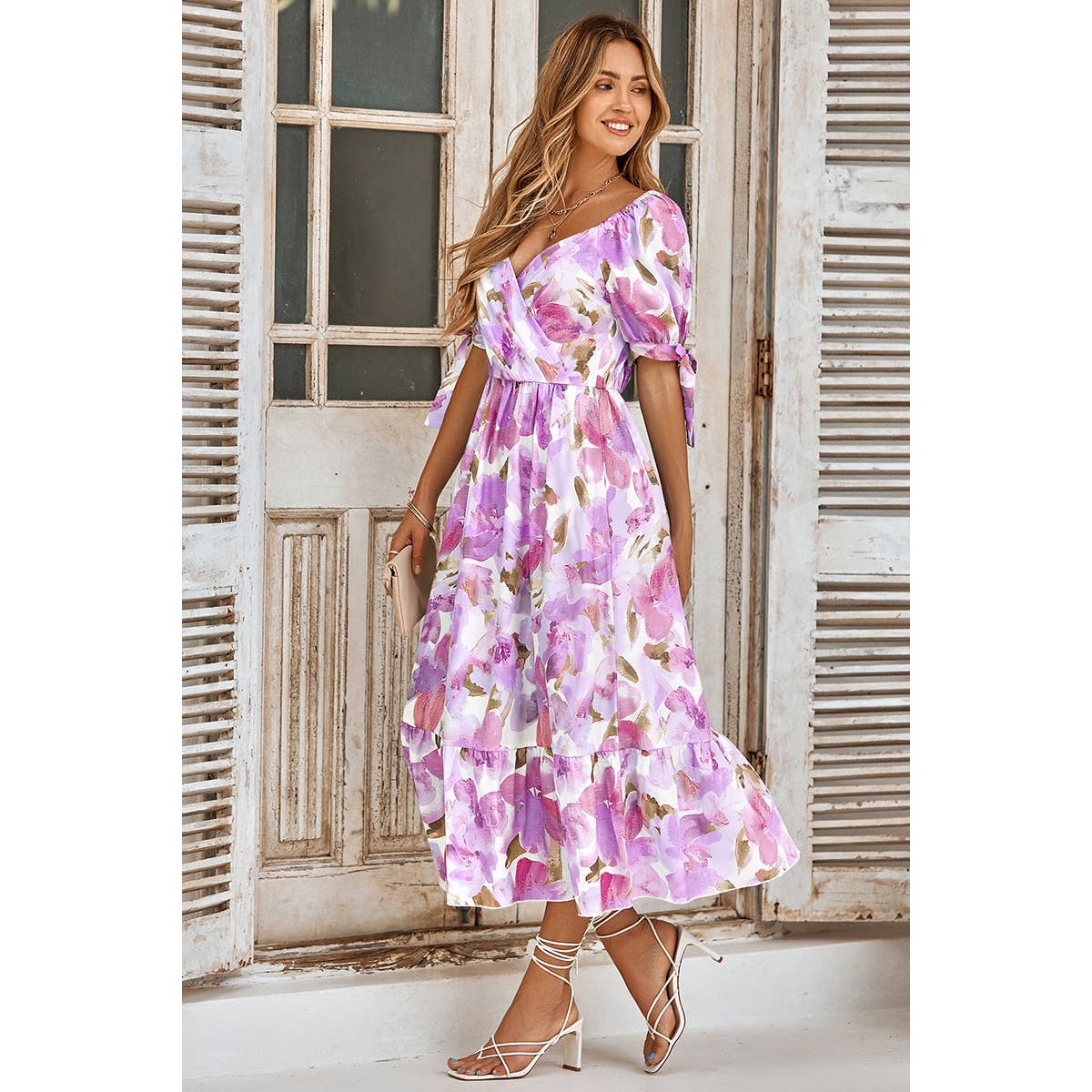 Floral Paint Short Sleeve Tie Cuff Surplice Neck Dress