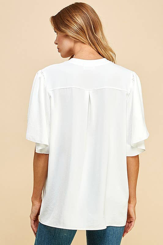 Solid Petal Flutter Sleeve Loose Blouse