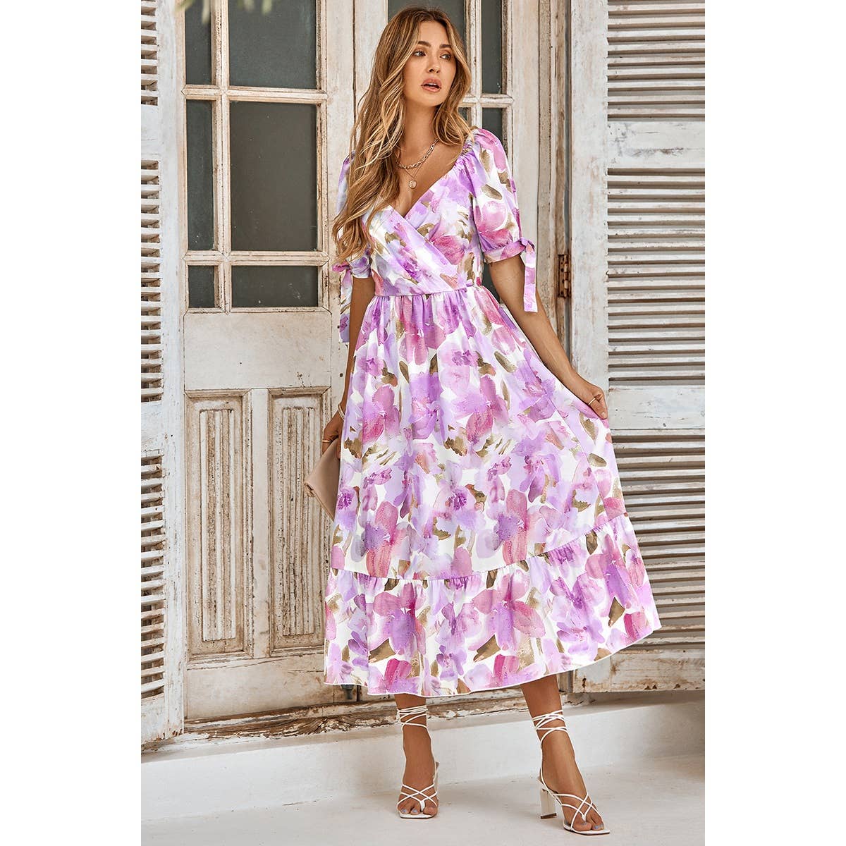 Floral Paint Short Sleeve Tie Cuff Surplice Neck Dress