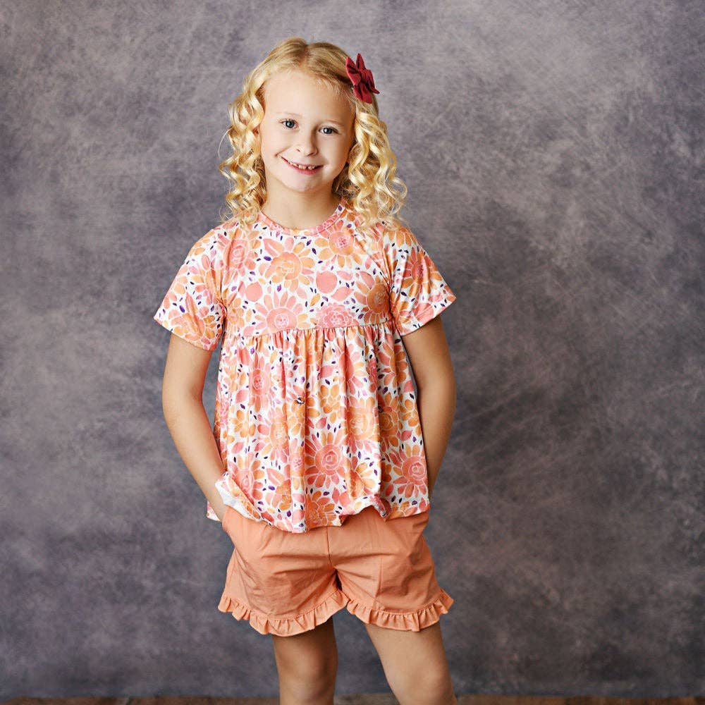 Kids Pink & Peach Flower Ruffle Summer Pocket Short Set