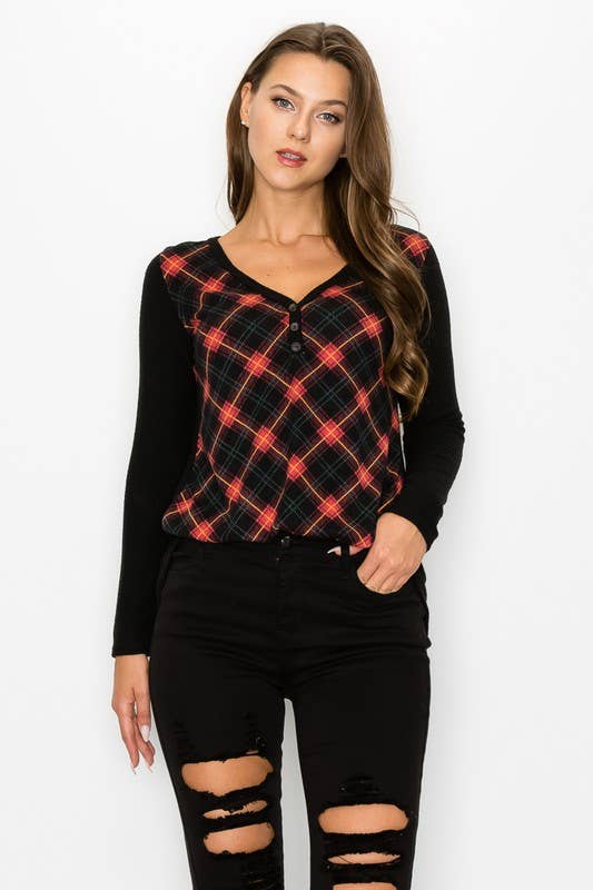 Plaid Back Detail Long Sleeve V Neck Top