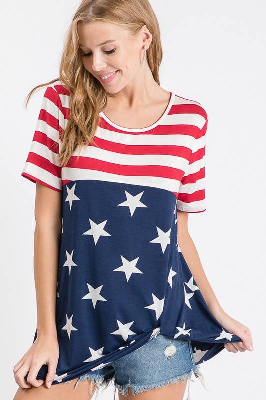 Short Sleeve Stripe and Star Print Flag