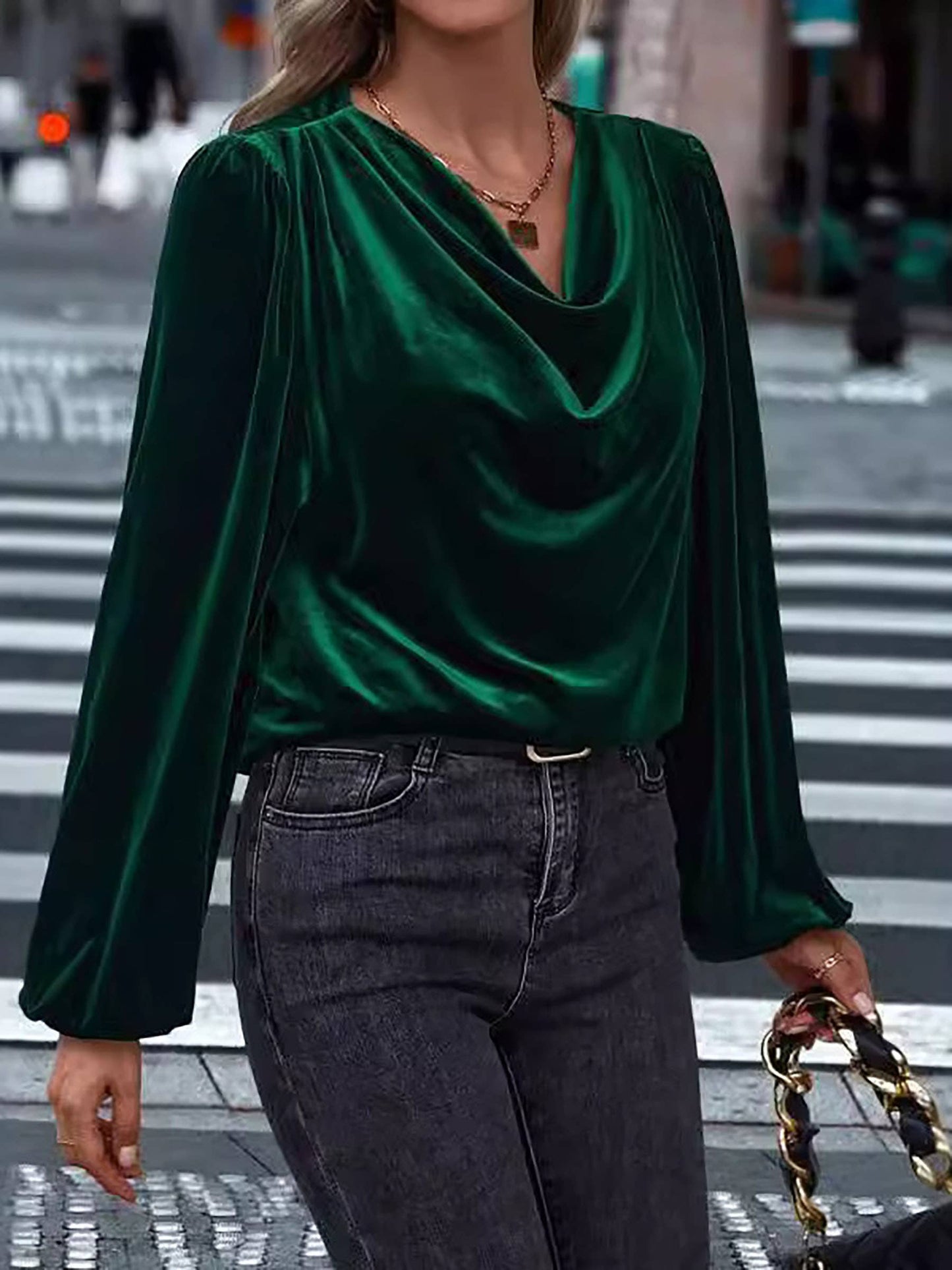 Velvet Pile Collar Lantern Sleeve Top