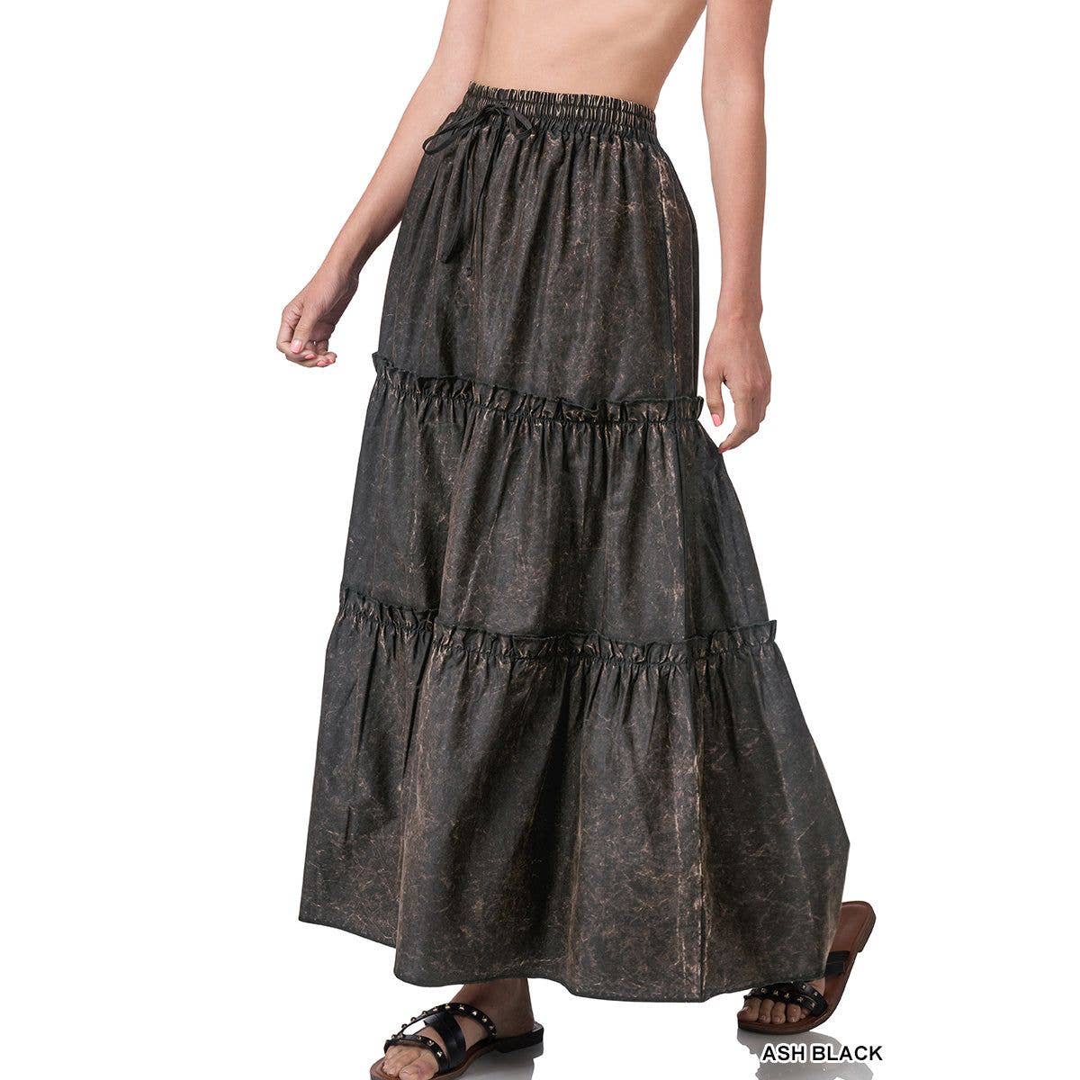 Woven Acid Wash Tiered Ruffle Maxi Skirt