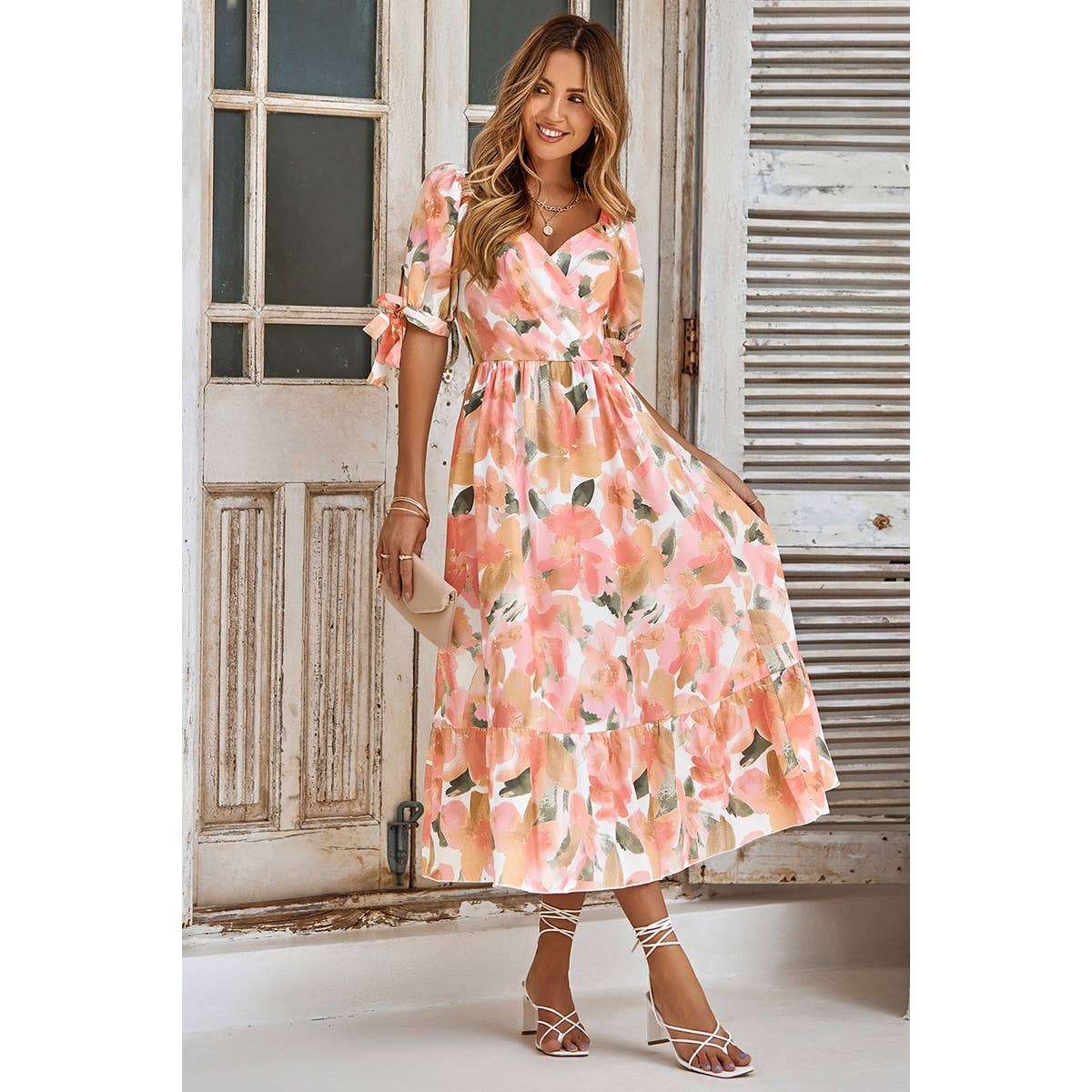 Floral Paint Short Sleeve Tie Cuff Surplice Neck Dress