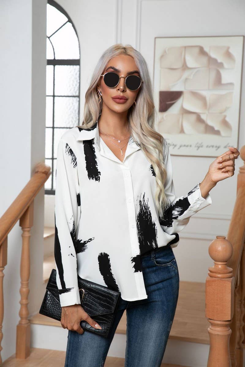 CWTBLL0695_Button Down Casual Long Sleeve Print Top