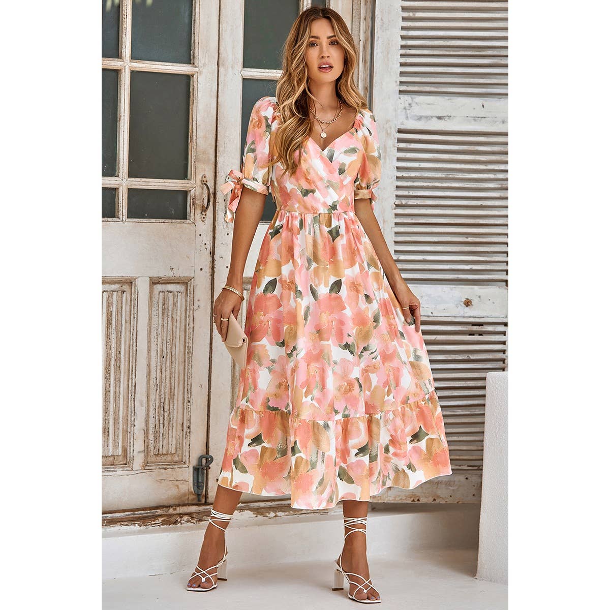 Floral Paint Short Sleeve Tie Cuff Surplice Neck Dress
