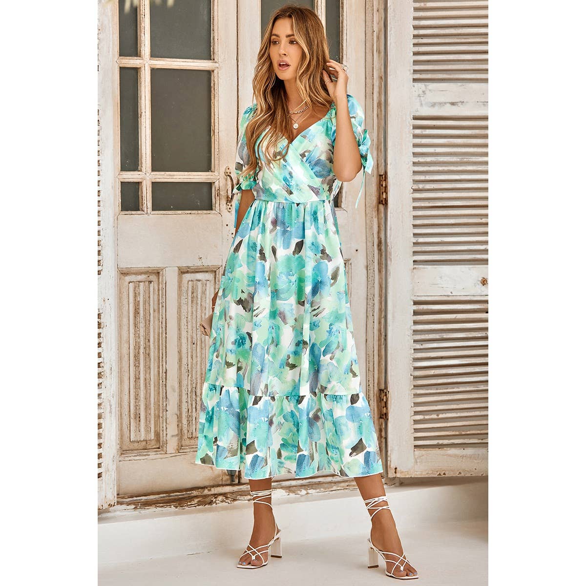 Floral Paint Short Sleeve Tie Cuff Surplice Neck Dress