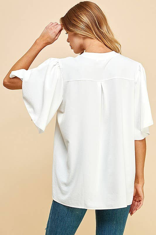Solid Petal Flutter Sleeve Loose Blouse