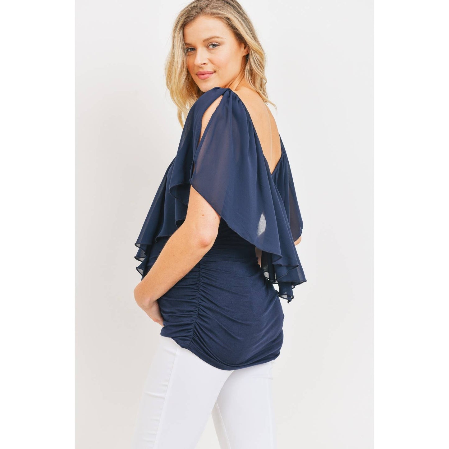 Ruffle Cold Shoulder Scoop Neck Maternity Blouse