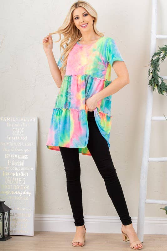 Multi Color Tie Dye Dress with Ruffled Detail