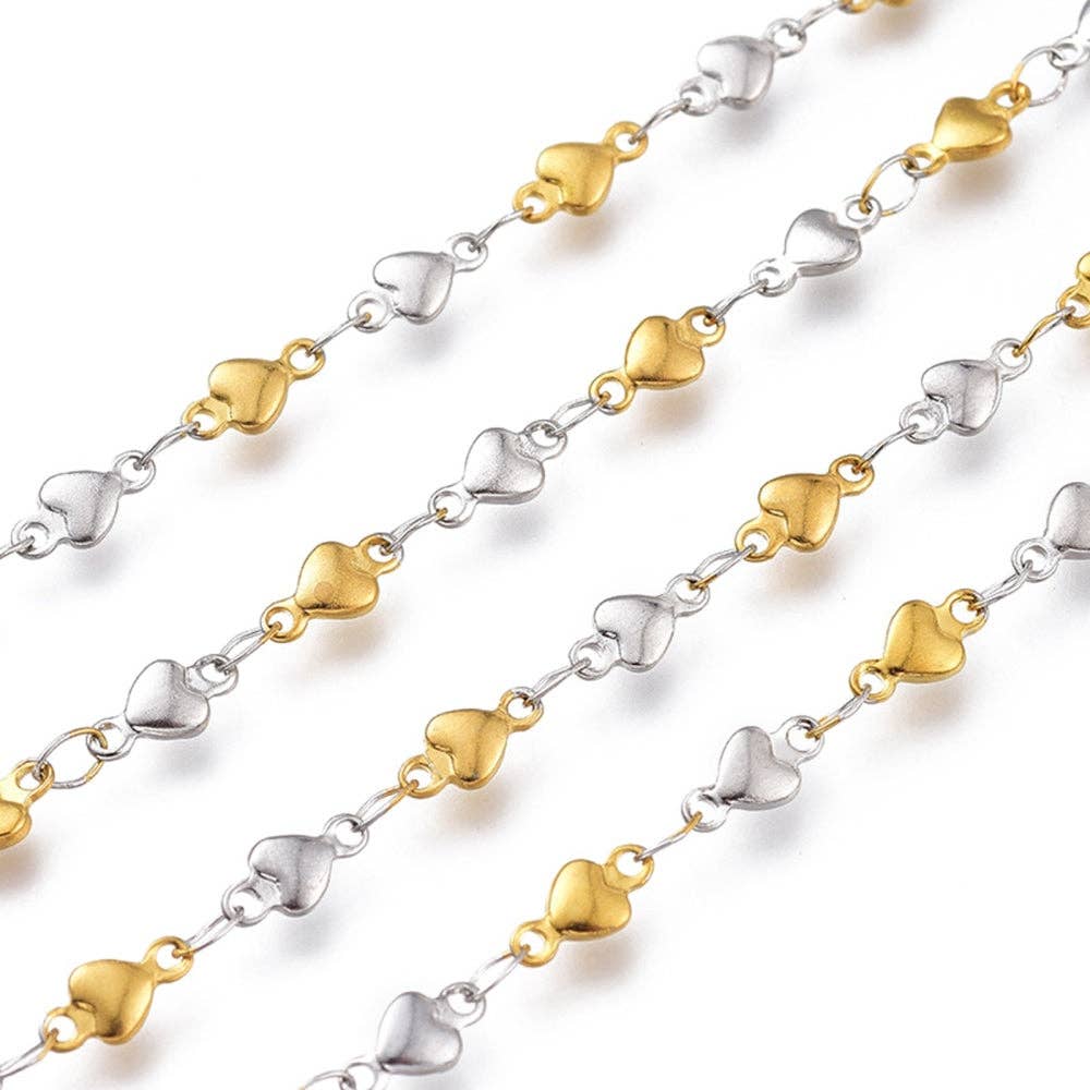 Mixed Metal Heart Link Chain By the Foot - Stainless Steel