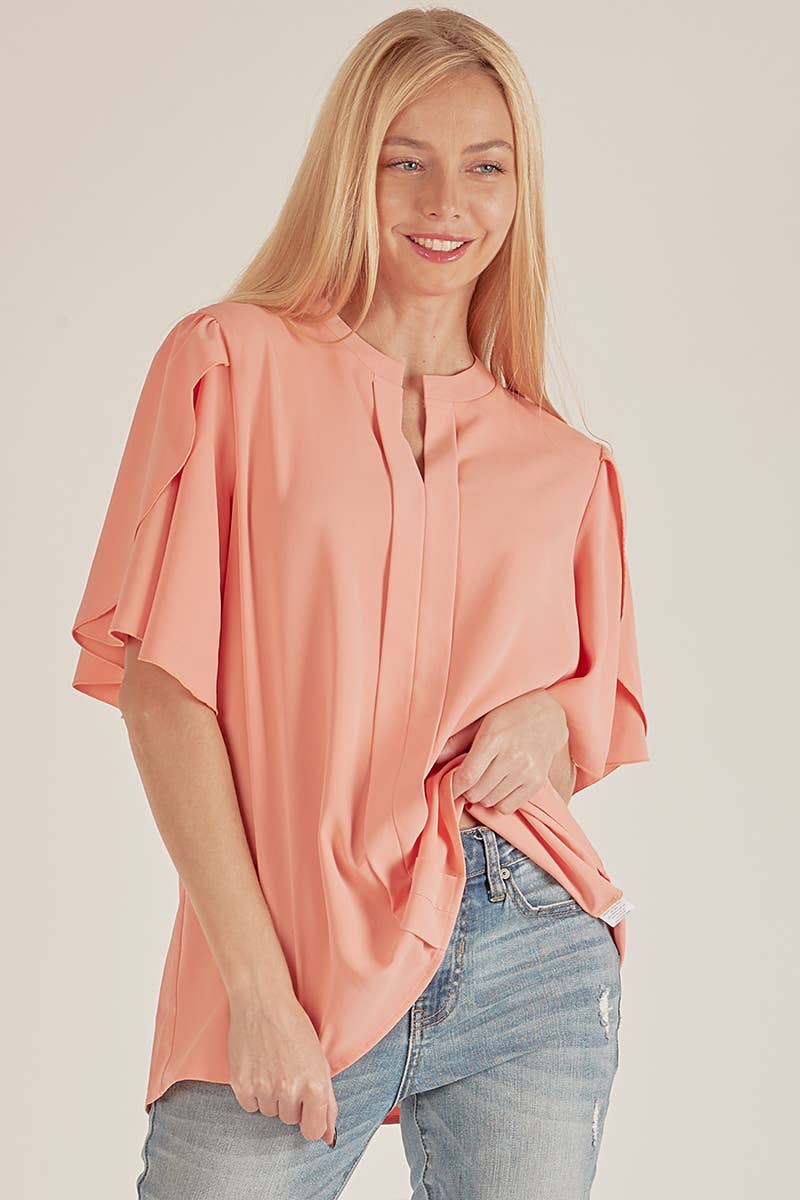 Solid Petal Flutter Sleeve Loose Blouse