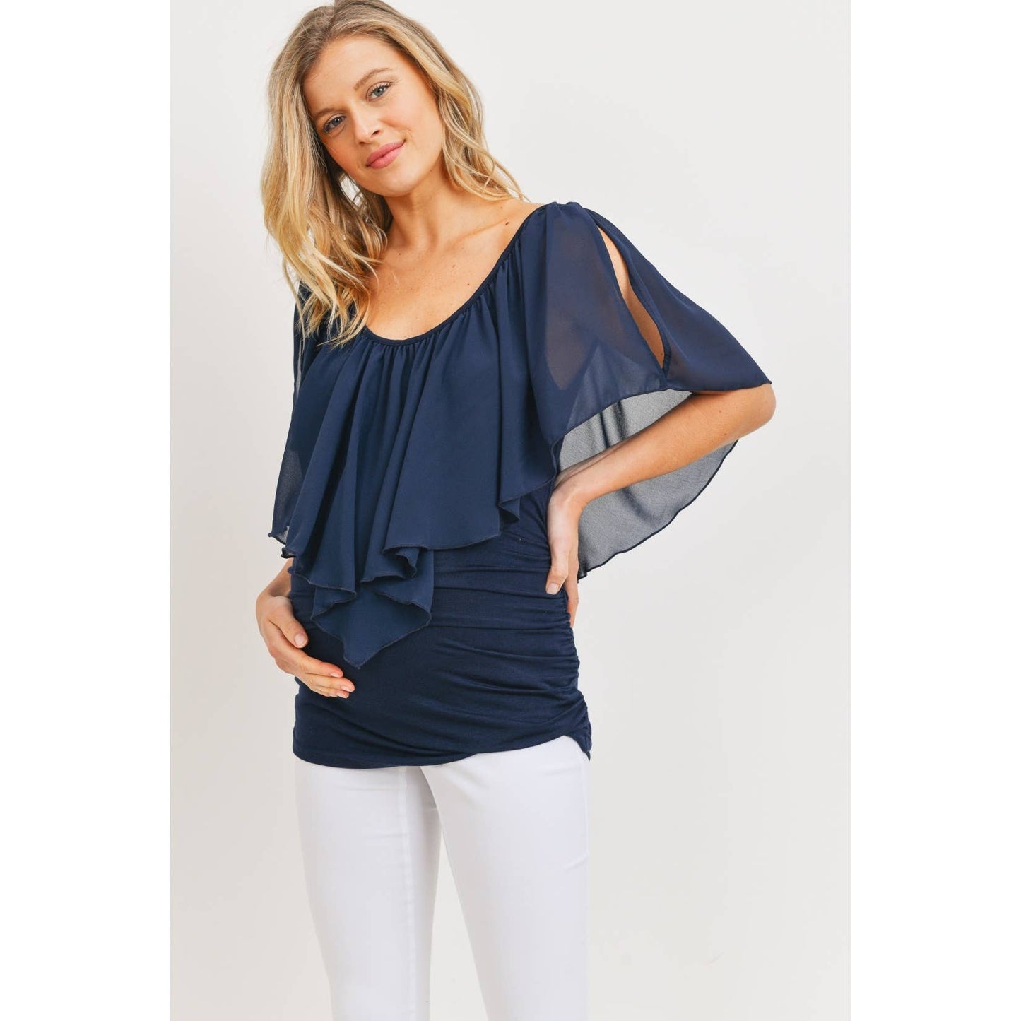Ruffle Cold Shoulder Scoop Neck Maternity Blouse