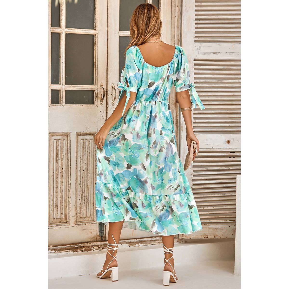 Floral Paint Short Sleeve Tie Cuff Surplice Neck Dress