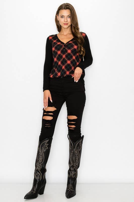 Plaid Back Detail Long Sleeve V Neck Top