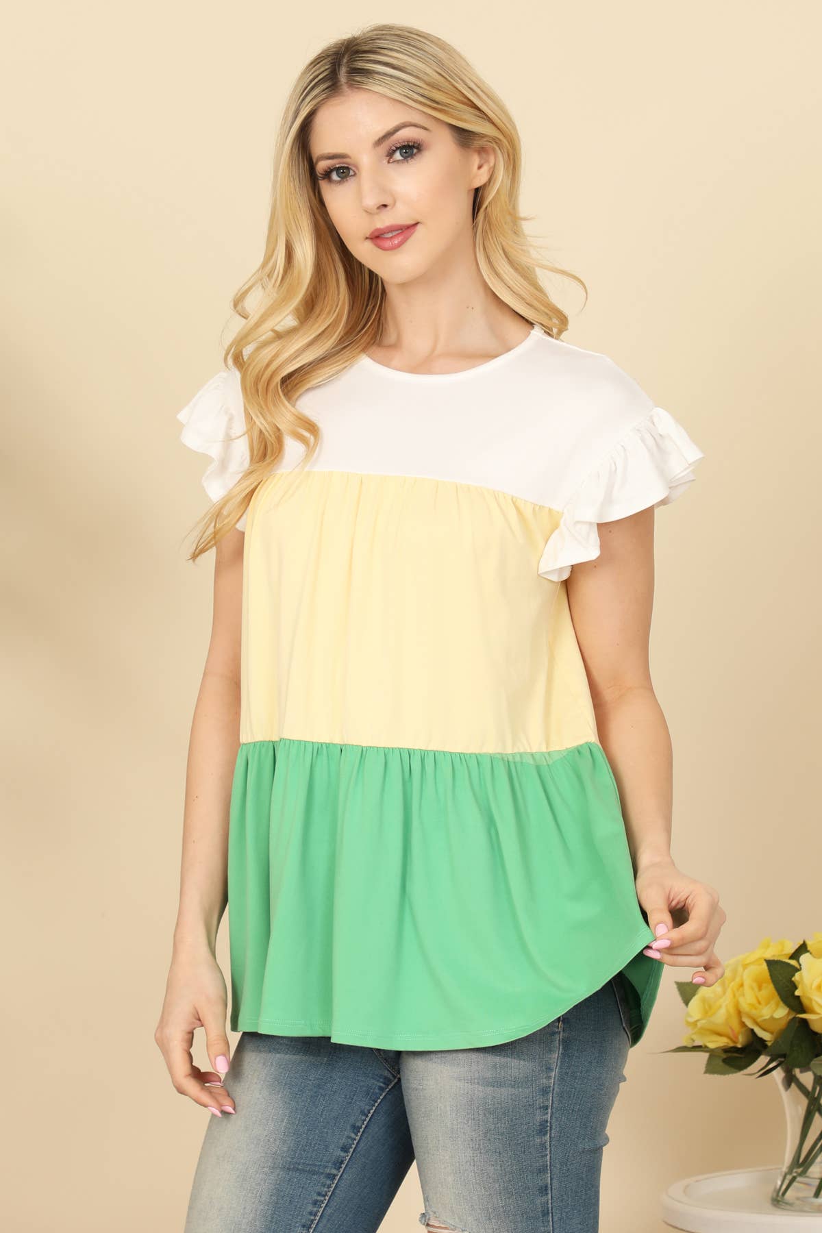 Short Ruffle Sleeve Color Block Top