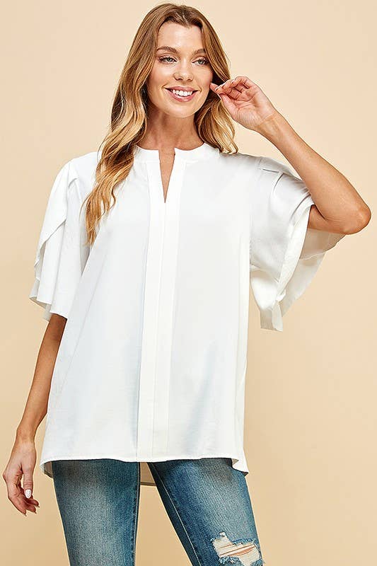 Solid Petal Flutter Sleeve Loose Blouse