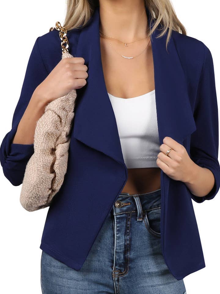 Casual Work Ruched 3/4 Slv Open Front Blazer Jacket