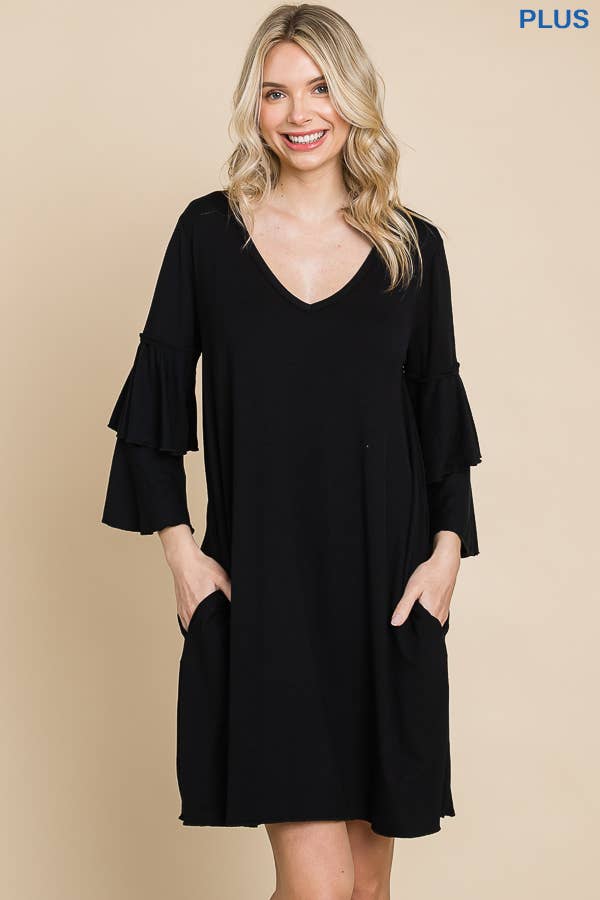 Plus Size V Neck Ruffle Sleeve A Line Dress