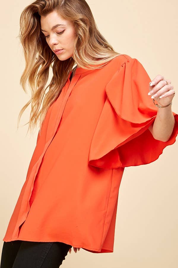 Solid Petal Flutter Sleeve Loose Blouse