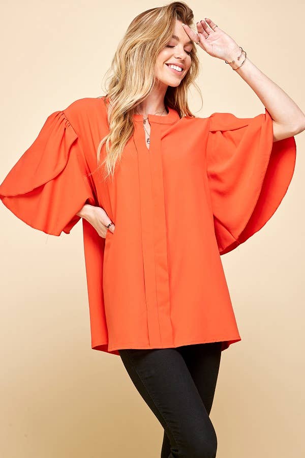 Solid Petal Flutter Sleeve Loose Blouse