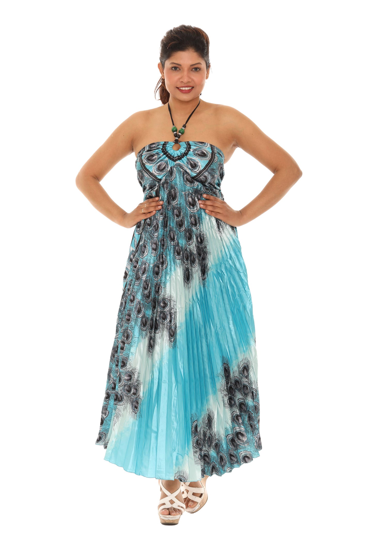 Peacock Pleated Maxi Halter Dress