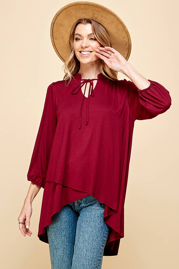 Plus Solid Collar Band Wrap Top With Tie