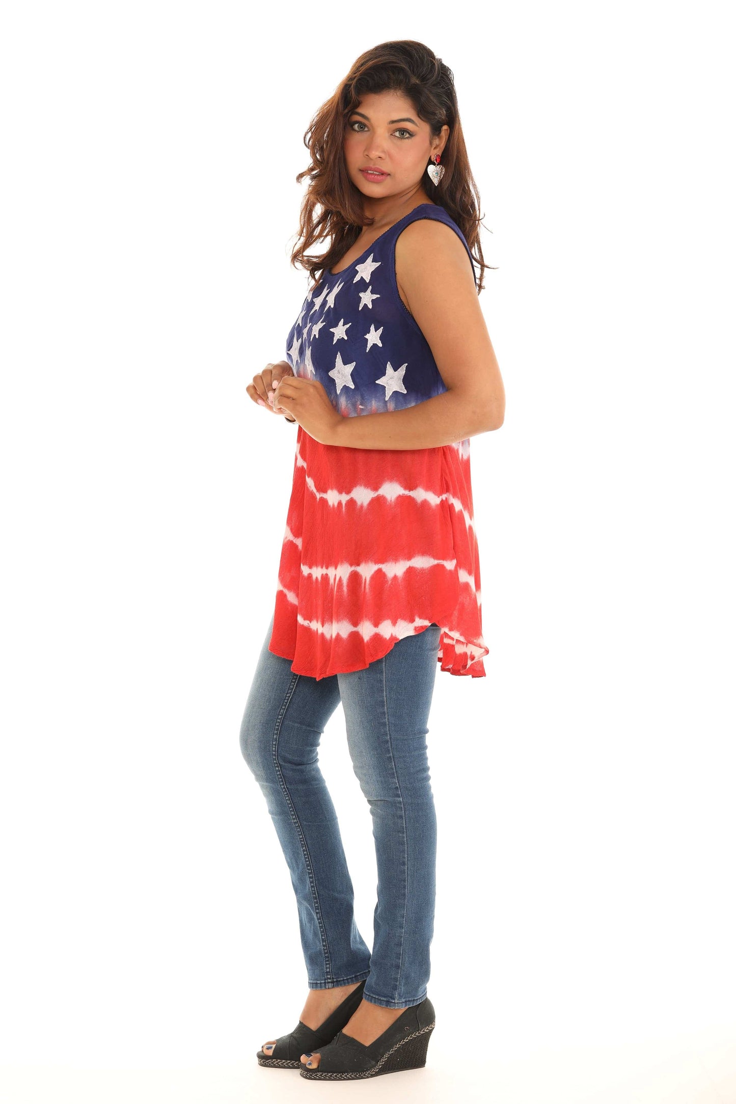 Blue & Red American Flag Sleeveless Side-Slit Top