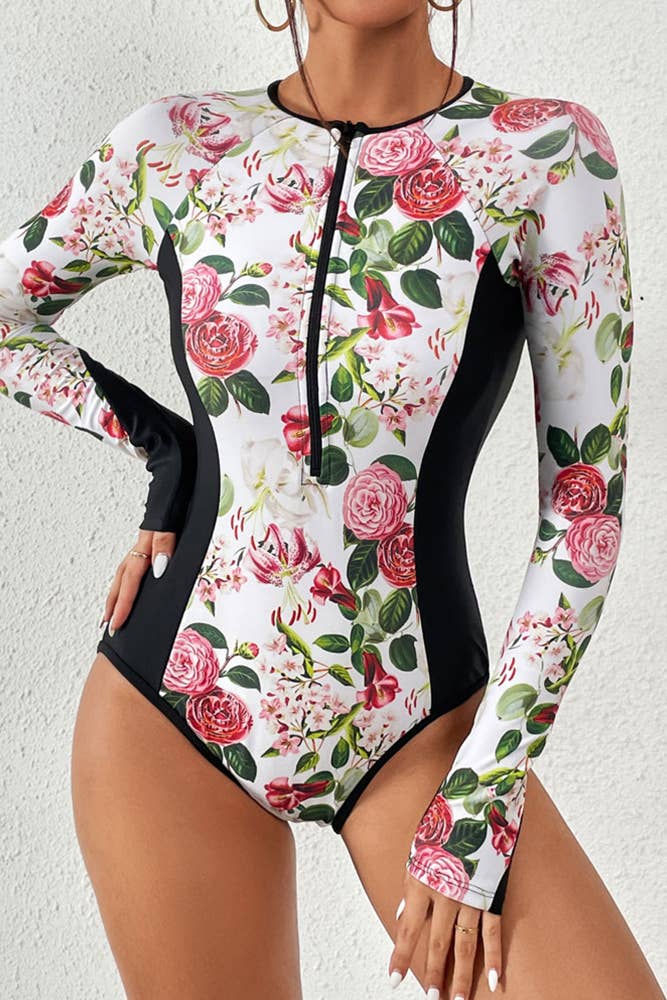 Zipper Tropical Print Splicing Swimsuit ZZKF638