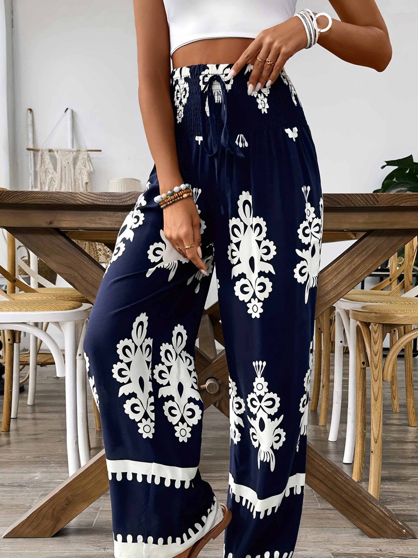 High Waisted Casual Printed Pants