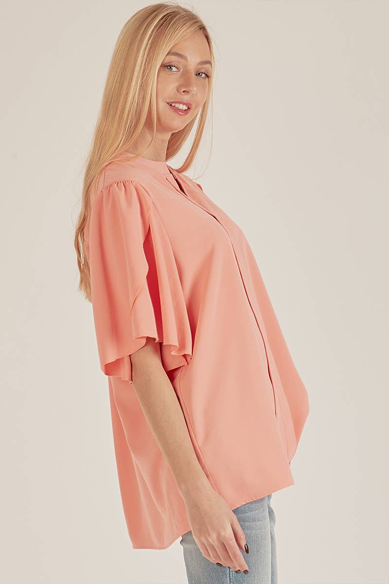 Solid Petal Flutter Sleeve Loose Blouse