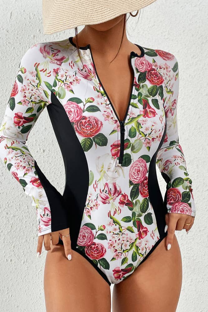 Zipper Tropical Print Splicing Swimsuit ZZKF638