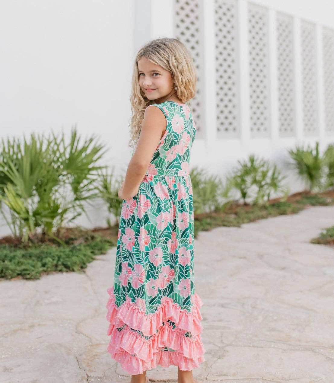 Girls 3 Tiered Pink Green Tropical Spring Ruffles Dress