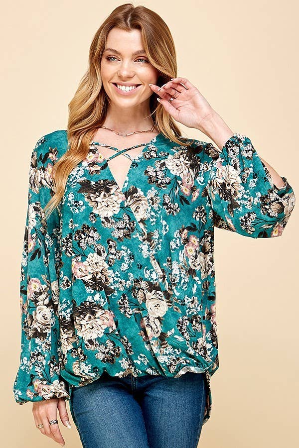 Women Floral Criss Cross Cuffed Open Sleeve Top