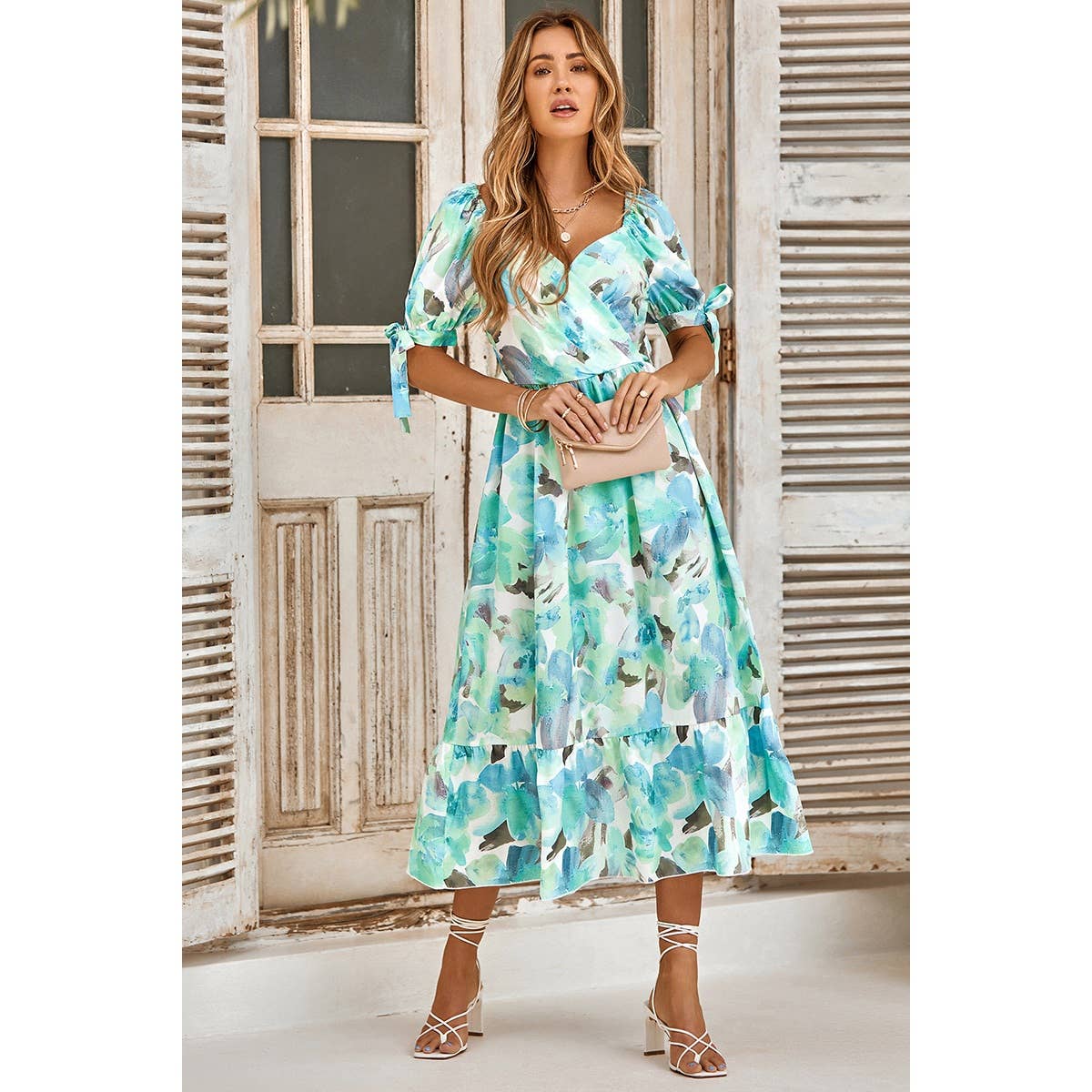 Floral Paint Short Sleeve Tie Cuff Surplice Neck Dress