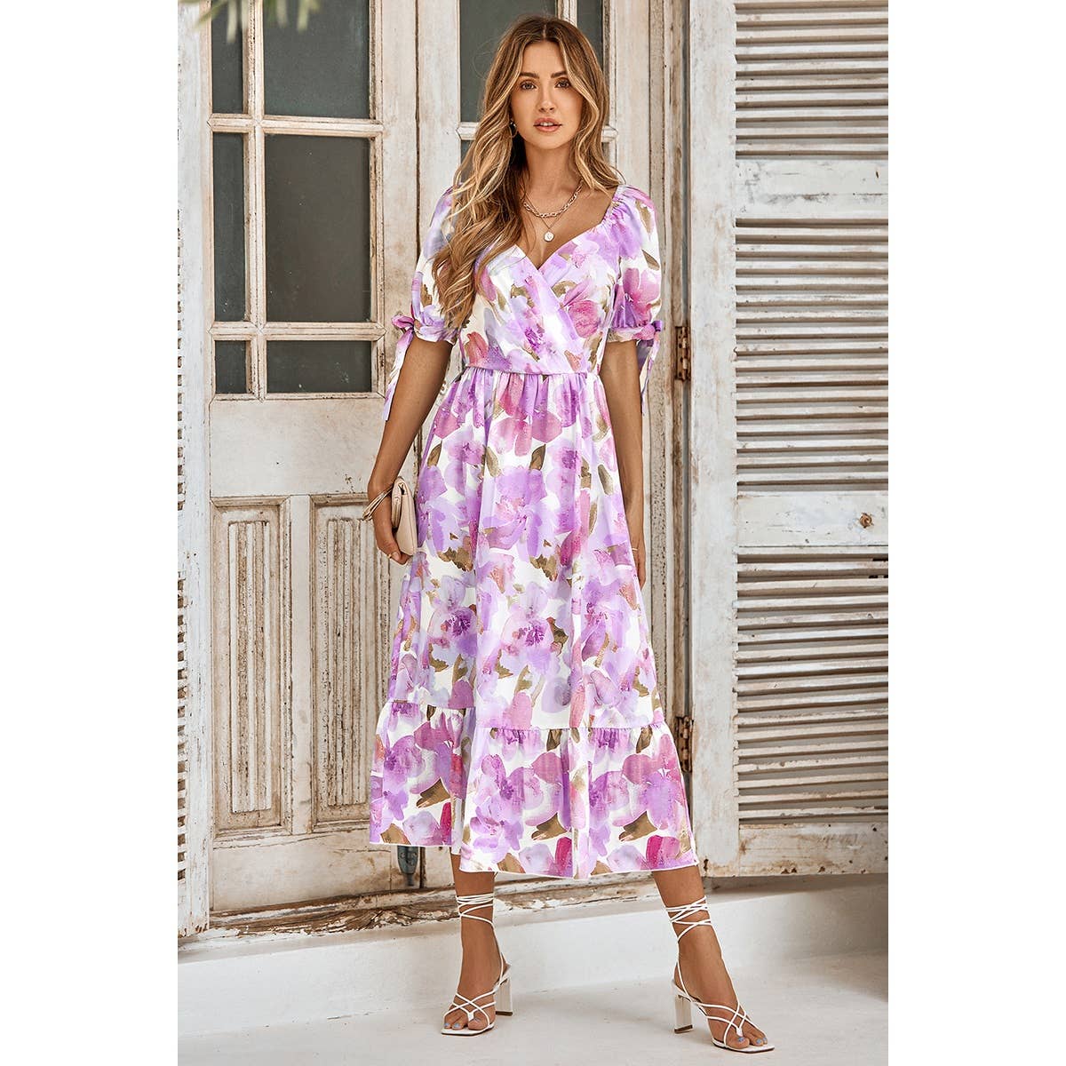 Floral Paint Short Sleeve Tie Cuff Surplice Neck Dress