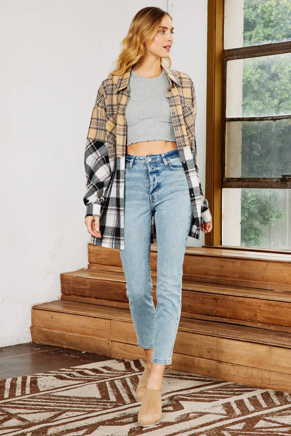 Mixed Plaid Button Down Oversized Shirt