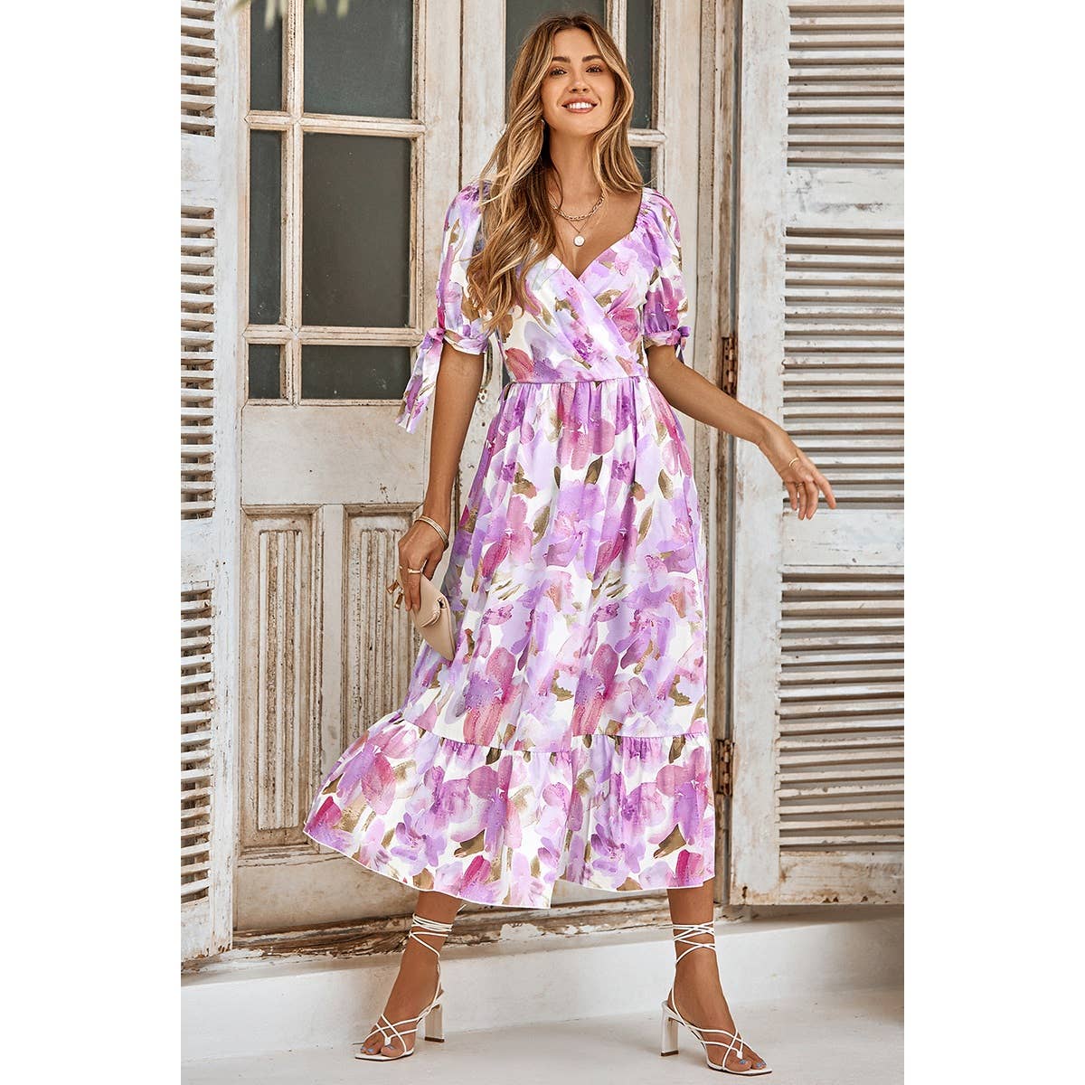 Floral Paint Short Sleeve Tie Cuff Surplice Neck Dress